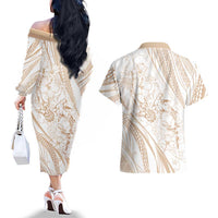 Sharks Couple Dreamy Polynesians Floral Sea Couples Matching Off The Shoulder Long Sleeve Dress and Hawaiian Shirt Hazel - Polynesian Pride