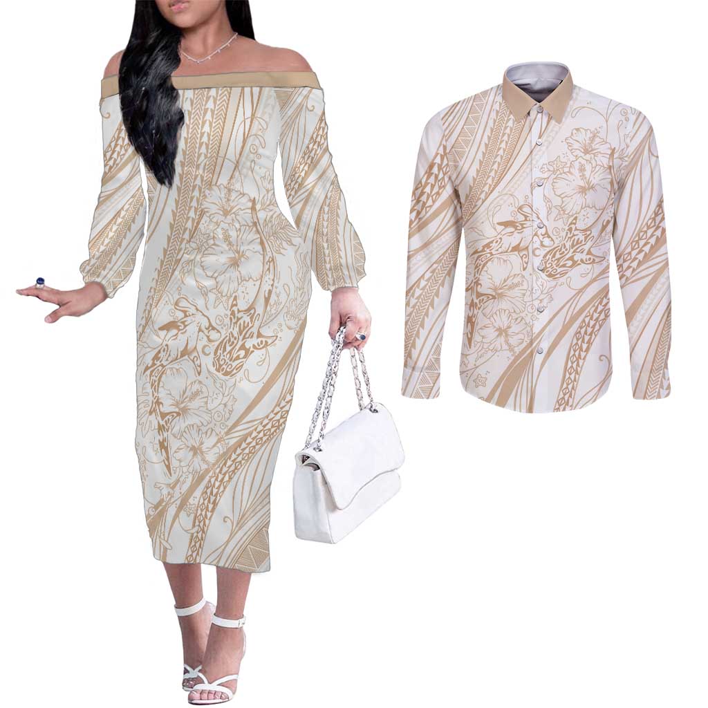 Sharks Couple Dreamy Polynesians Floral Sea Couples Matching Off The Shoulder Long Sleeve Dress and Long Sleeve Button Shirt Hazel - Polynesian Pride