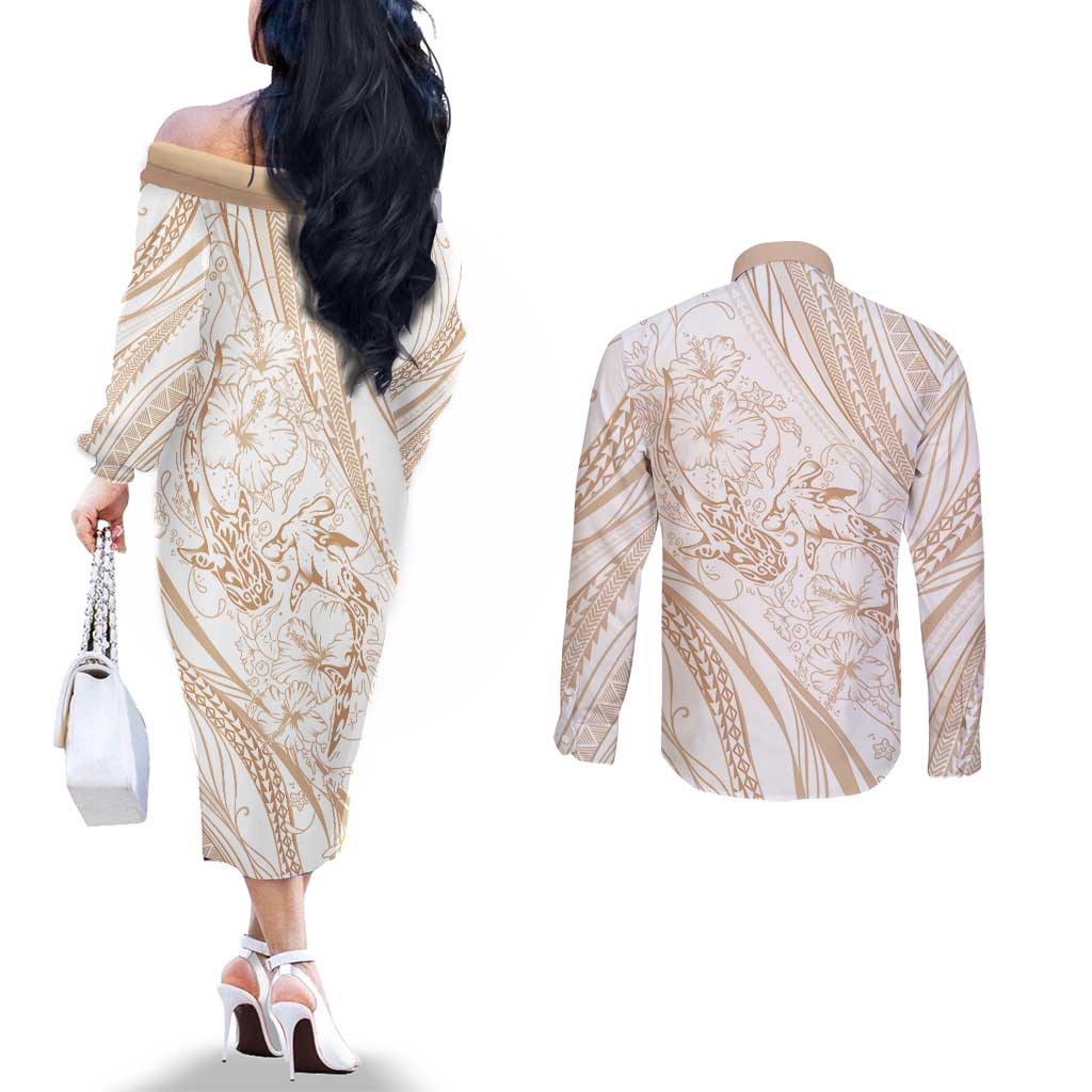 Sharks Couple Dreamy Polynesians Floral Sea Couples Matching Off The Shoulder Long Sleeve Dress and Long Sleeve Button Shirt Hazel - Polynesian Pride