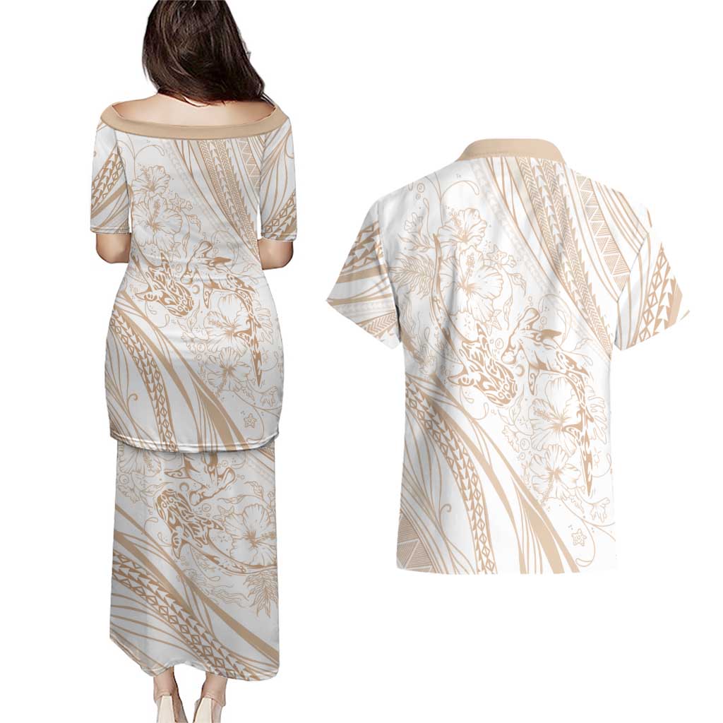 Sharks Couple Dreamy Polynesians Floral Sea Couples Matching Puletasi and Hawaiian Shirt Hazel LT7 - Polynesian Pride