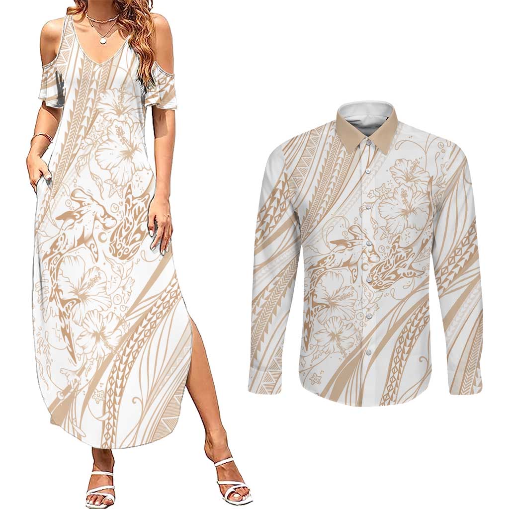 Sharks Couple Dreamy Polynesians Floral Sea Couples Matching Summer Maxi Dress and Long Sleeve Button Shirt Hazel LT7 Hazel - Polynesian Pride