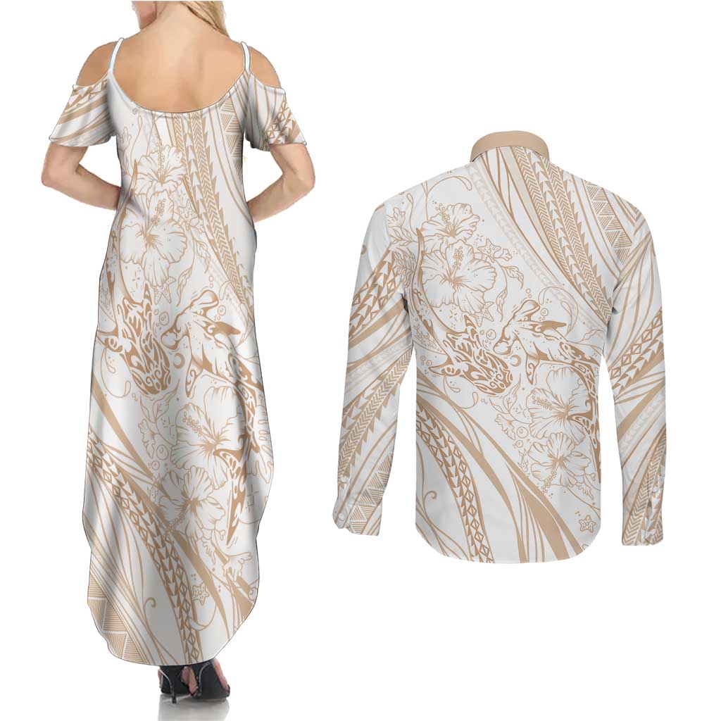 Sharks Couple Dreamy Polynesians Floral Sea Couples Matching Summer Maxi Dress and Long Sleeve Button Shirt Hazel LT7 - Polynesian Pride