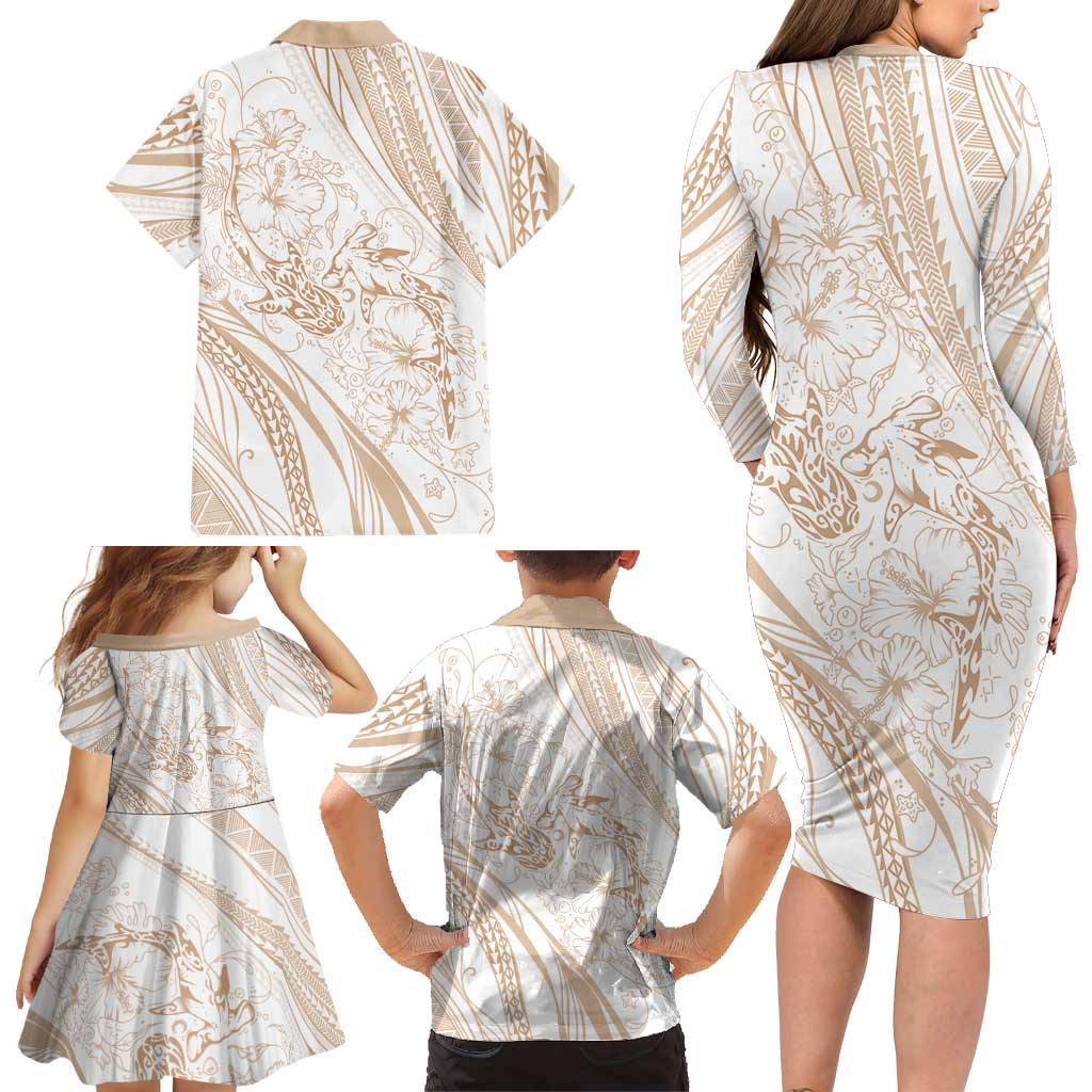 Sharks Couple Dreamy Polynesians Floral Sea Family Matching Long Sleeve Bodycon Dress and Hawaiian Shirt Hazel - Polynesian Pride