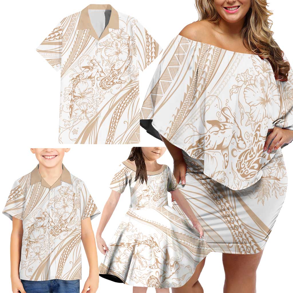 Sharks Couple Dreamy Polynesians Floral Sea Family Matching Off Shoulder Short Dress and Hawaiian Shirt Hazel - Polynesian Pride