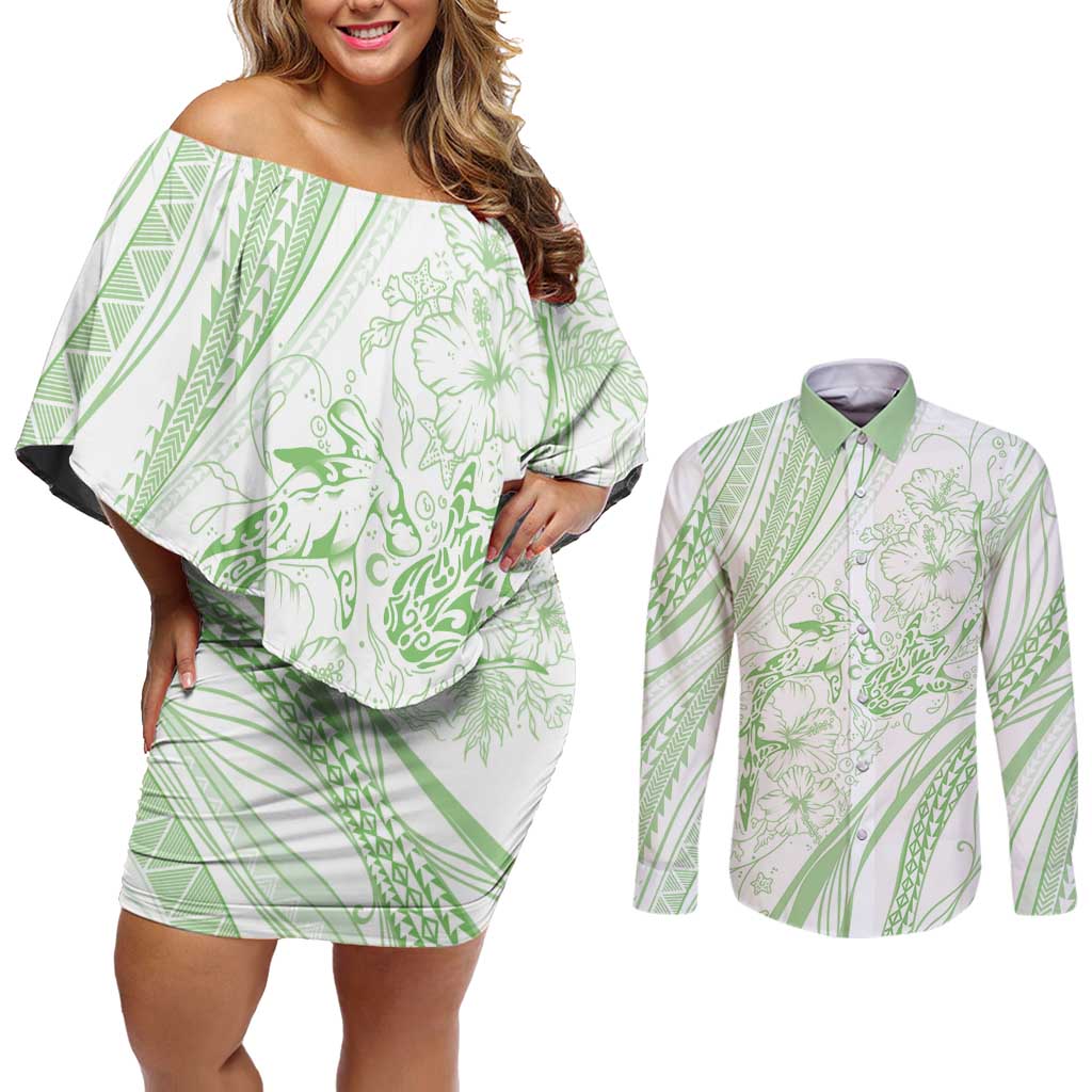 Sharks Couple Dreamy Polynesians Floral Sea Couples Matching Off Shoulder Short Dress and Long Sleeve Button Shirt Emerald LT7 Emerald - Polynesian Pride