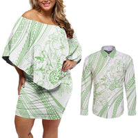Sharks Couple Dreamy Polynesians Floral Sea Couples Matching Off Shoulder Short Dress and Long Sleeve Button Shirt Emerald LT7 Emerald - Polynesian Pride