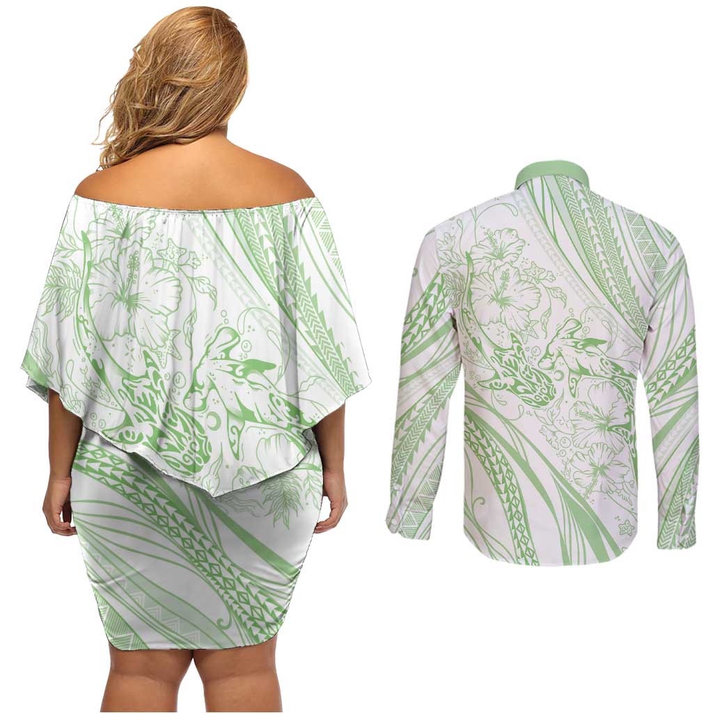 Sharks Couple Dreamy Polynesians Floral Sea Couples Matching Off Shoulder Short Dress and Long Sleeve Button Shirt Emerald LT7 - Polynesian Pride
