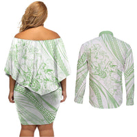 Sharks Couple Dreamy Polynesians Floral Sea Couples Matching Off Shoulder Short Dress and Long Sleeve Button Shirt Emerald LT7 - Polynesian Pride