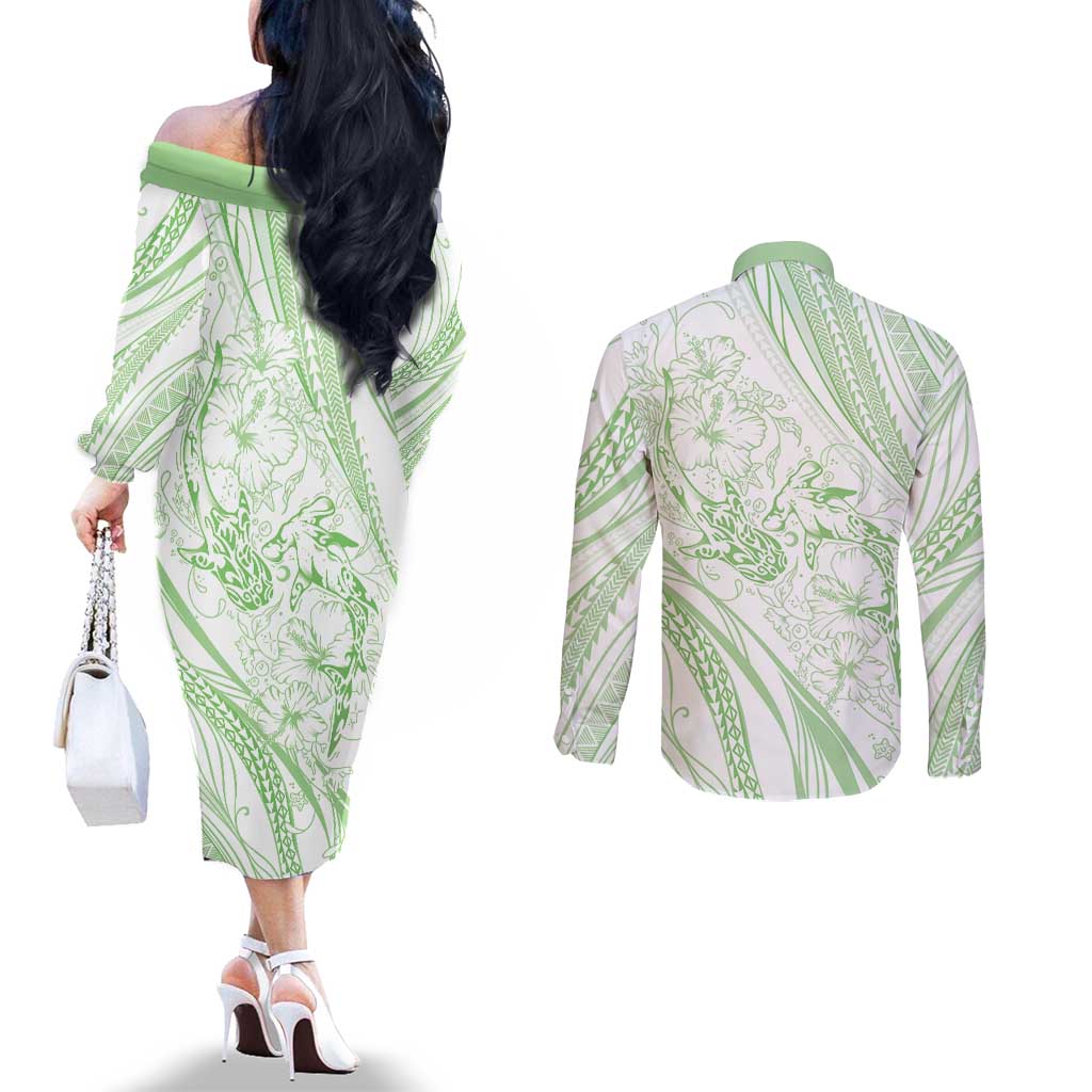 Sharks Couple Dreamy Polynesians Floral Sea Couples Matching Off The Shoulder Long Sleeve Dress and Long Sleeve Button Shirt Emerald - Polynesian Pride