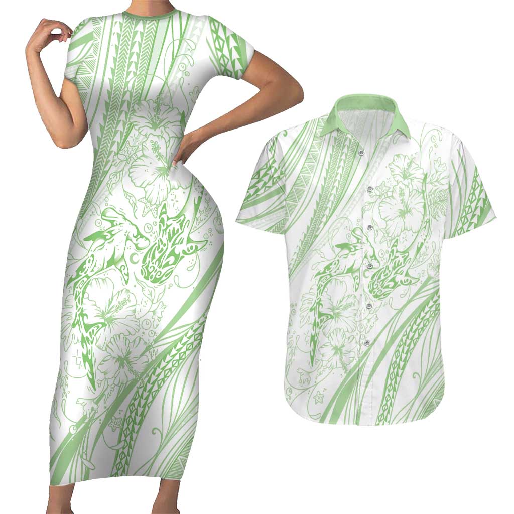 Sharks Couple Dreamy Polynesians Floral Sea Couples Matching Short Sleeve Bodycon Dress and Hawaiian Shirt Emerald - Polynesian Pride