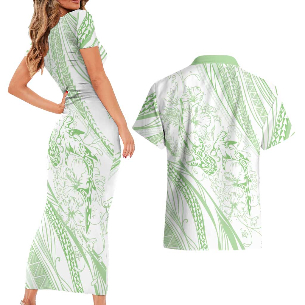 Sharks Couple Dreamy Polynesians Floral Sea Couples Matching Short Sleeve Bodycon Dress and Hawaiian Shirt Emerald - Polynesian Pride