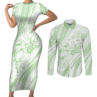 Sharks Couple Dreamy Polynesians Floral Sea Couples Matching Short Sleeve Bodycon Dress and Long Sleeve Button Shirt Emerald - Polynesian Pride