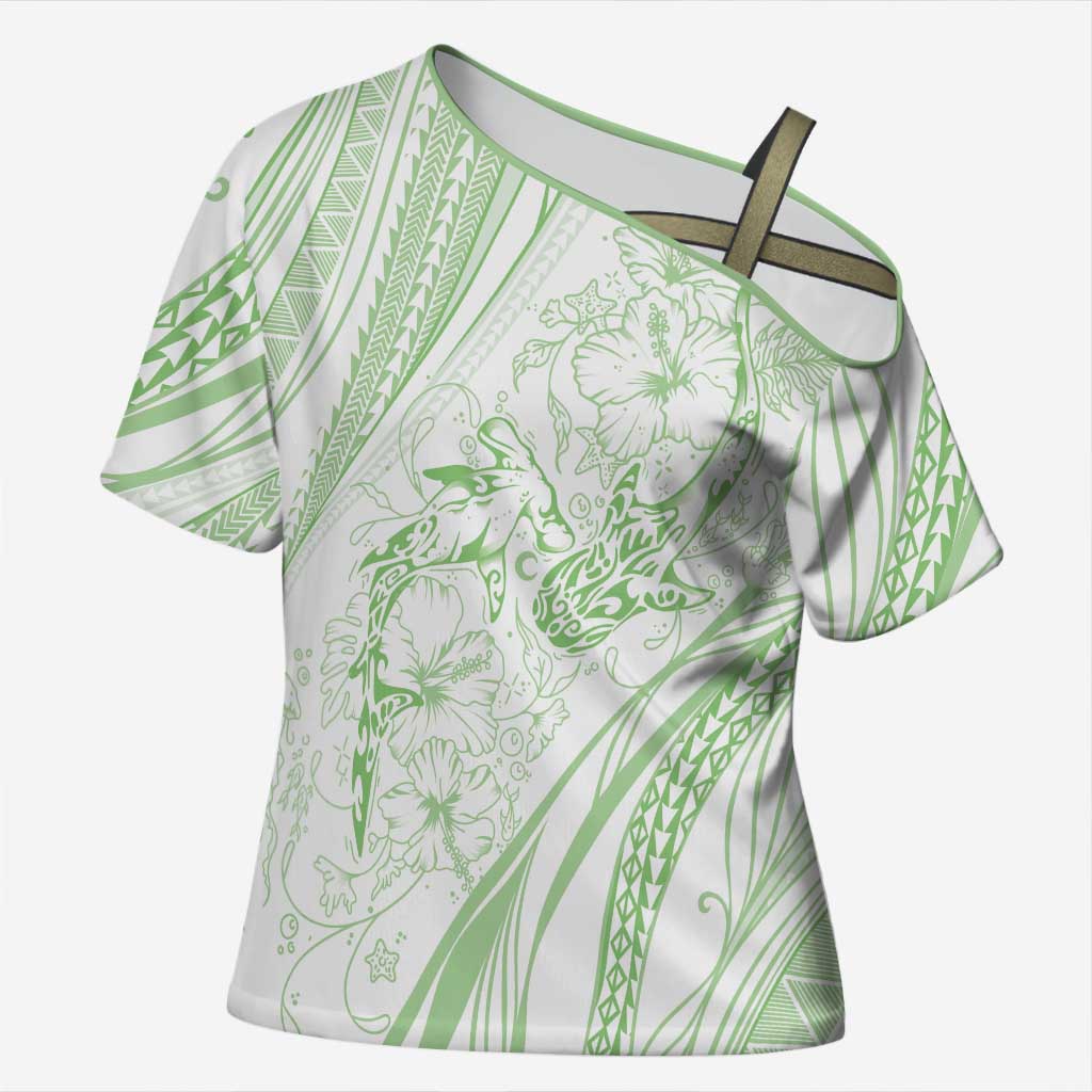 Sharks Couple Dreamy Polynesians Floral Sea Cross Shoulder Shirt Emerald - Polynesian Pride