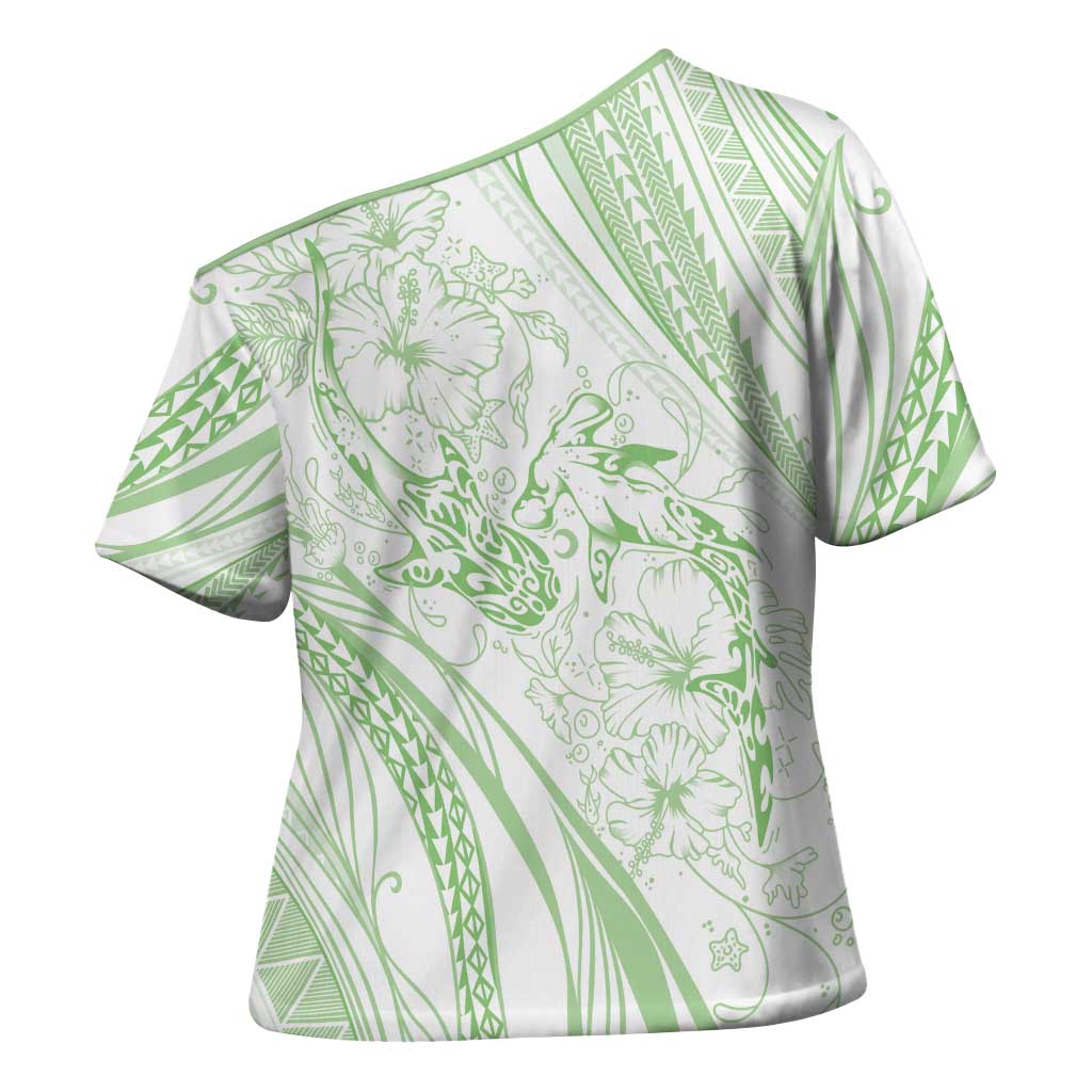 Sharks Couple Dreamy Polynesians Floral Sea Cross Shoulder Shirt Emerald - Polynesian Pride