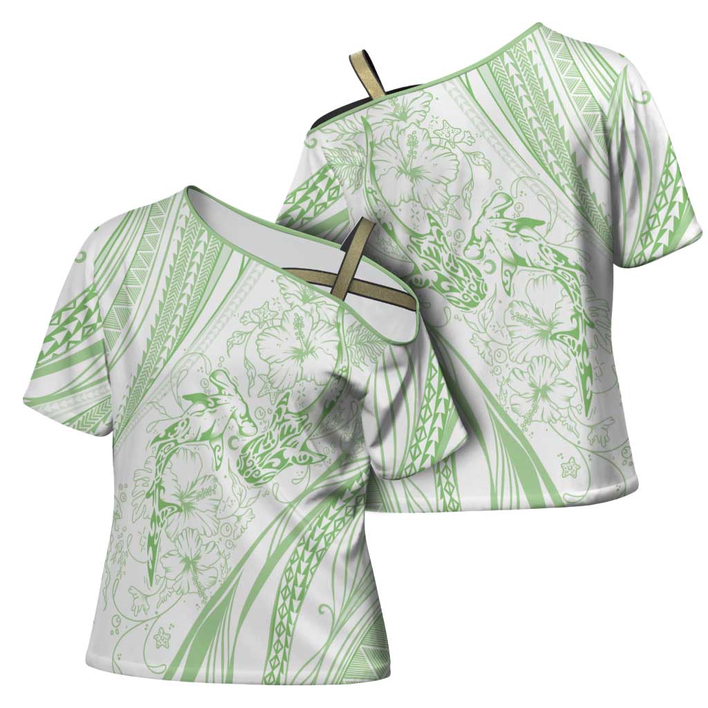 Sharks Couple Dreamy Polynesians Floral Sea Cross Shoulder Shirt Emerald - Polynesian Pride