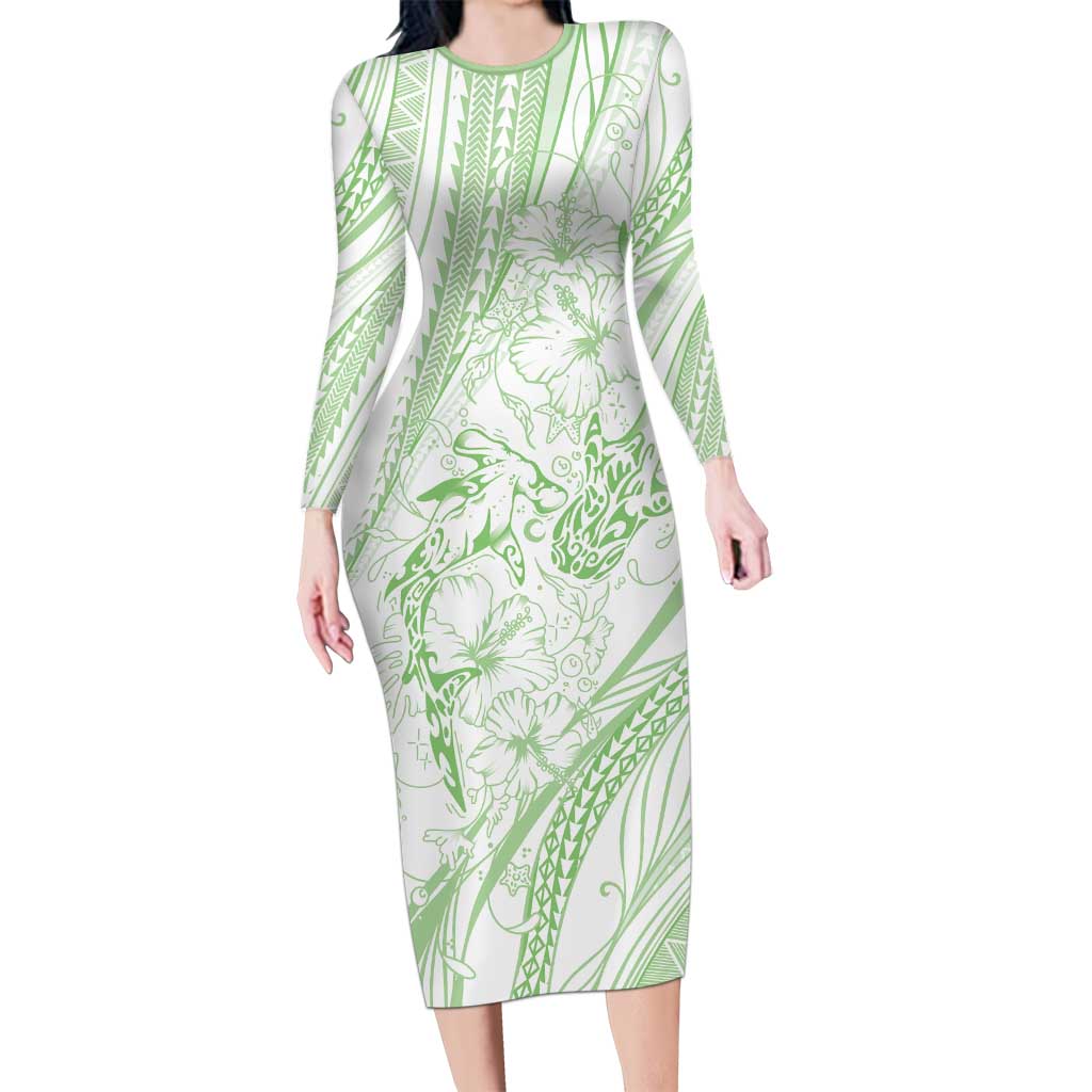Sharks Couple Dreamy Polynesians Floral Sea Family Matching Long Sleeve Bodycon Dress and Hawaiian Shirt Emerald - Polynesian Pride