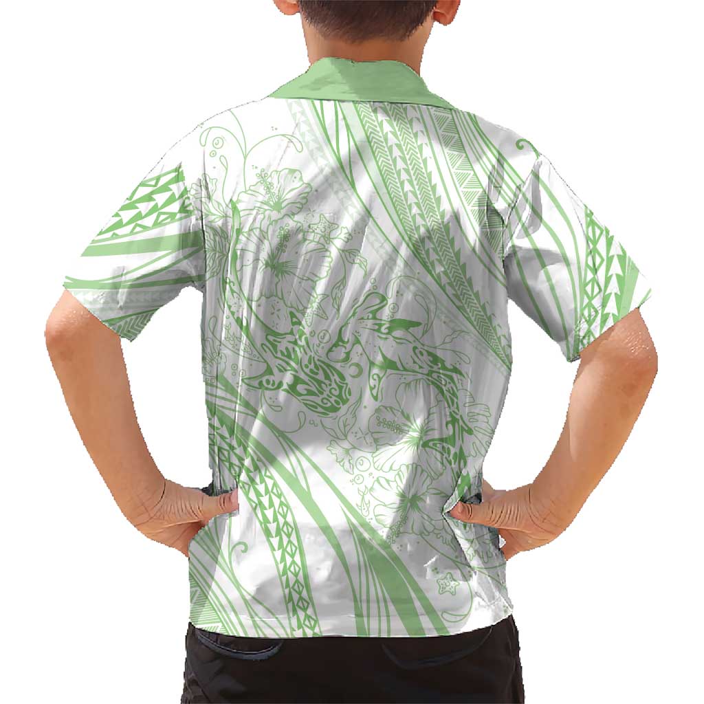 Sharks Couple Dreamy Polynesians Floral Sea Family Matching Off The Shoulder Long Sleeve Dress and Hawaiian Shirt Emerald - Polynesian Pride