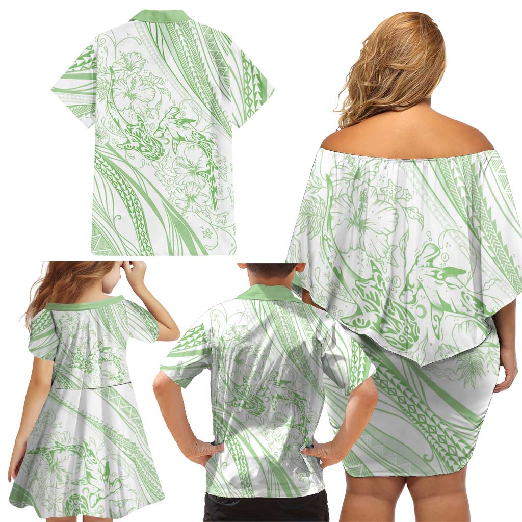 Sharks Couple Dreamy Polynesians Floral Sea Family Matching Off Shoulder Short Dress and Hawaiian Shirt Emerald - Polynesian Pride