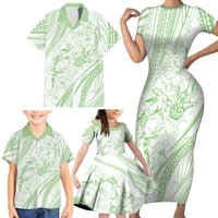 Sharks Couple Dreamy Polynesians Floral Sea Family Matching Short Sleeve Bodycon Dress and Hawaiian Shirt Emerald - Polynesian Pride