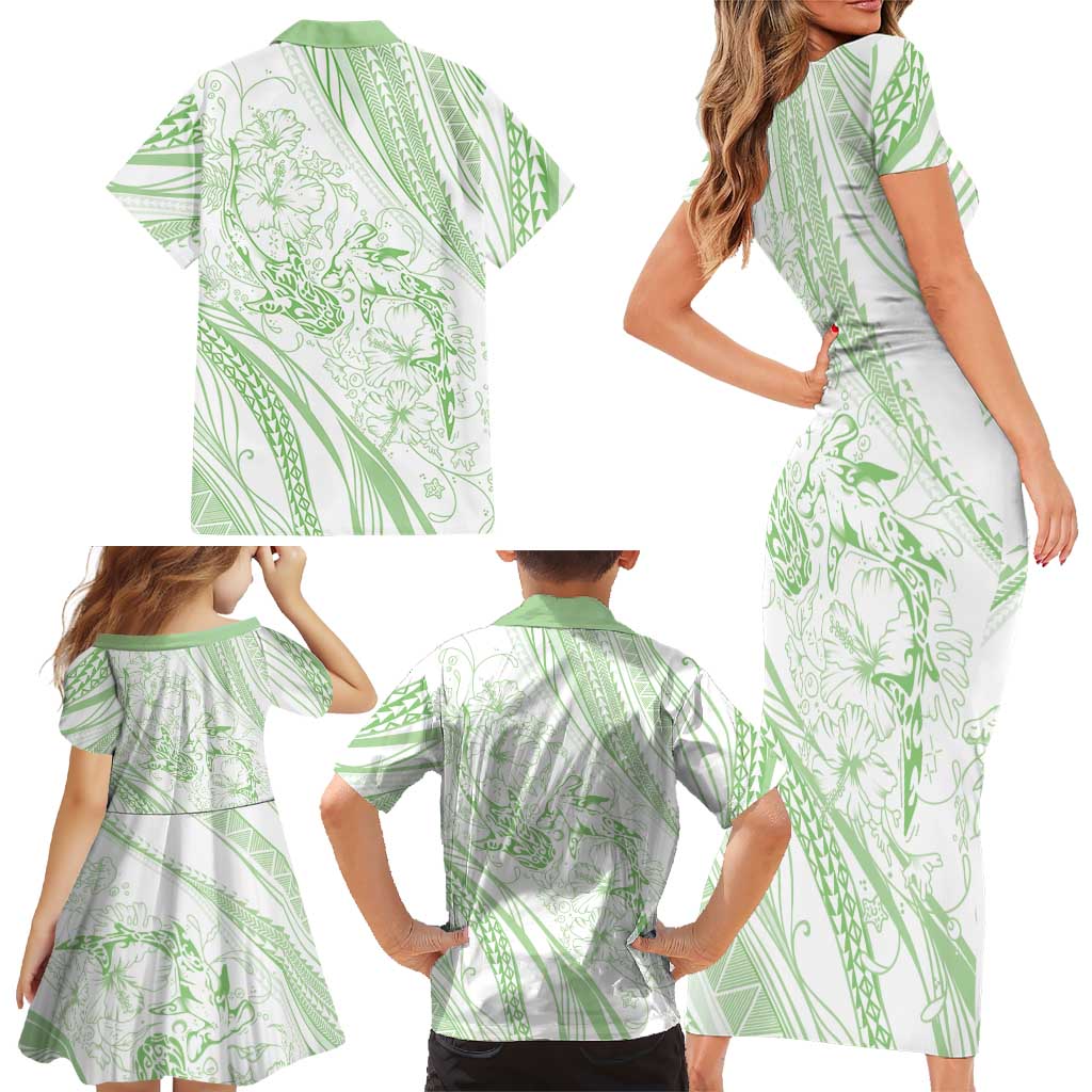 Sharks Couple Dreamy Polynesians Floral Sea Family Matching Short Sleeve Bodycon Dress and Hawaiian Shirt Emerald - Polynesian Pride