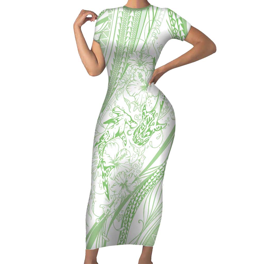 Sharks Couple Dreamy Polynesians Floral Sea Family Matching Short Sleeve Bodycon Dress and Hawaiian Shirt Emerald - Polynesian Pride