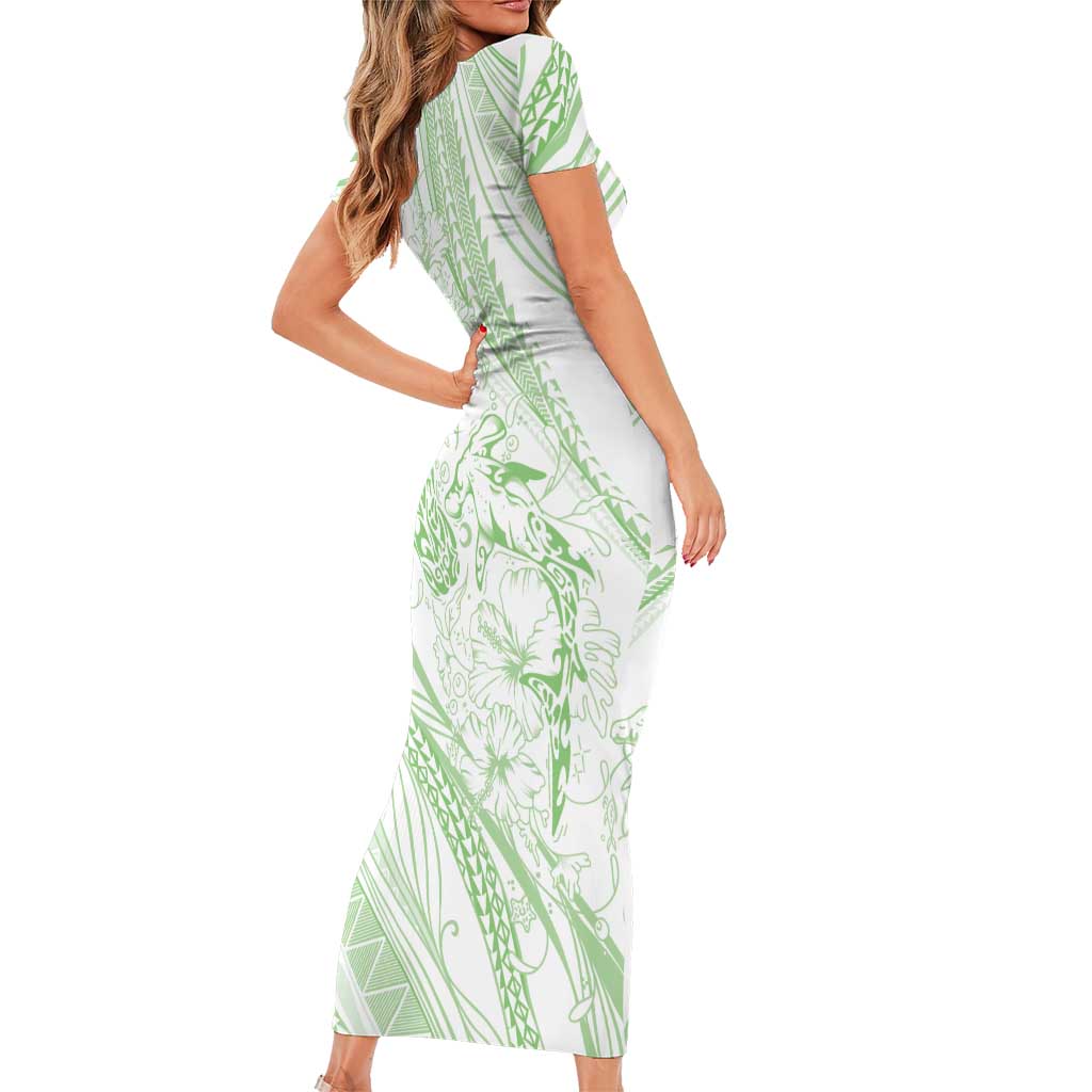 Sharks Couple Dreamy Polynesians Floral Sea Family Matching Short Sleeve Bodycon Dress and Hawaiian Shirt Emerald - Polynesian Pride