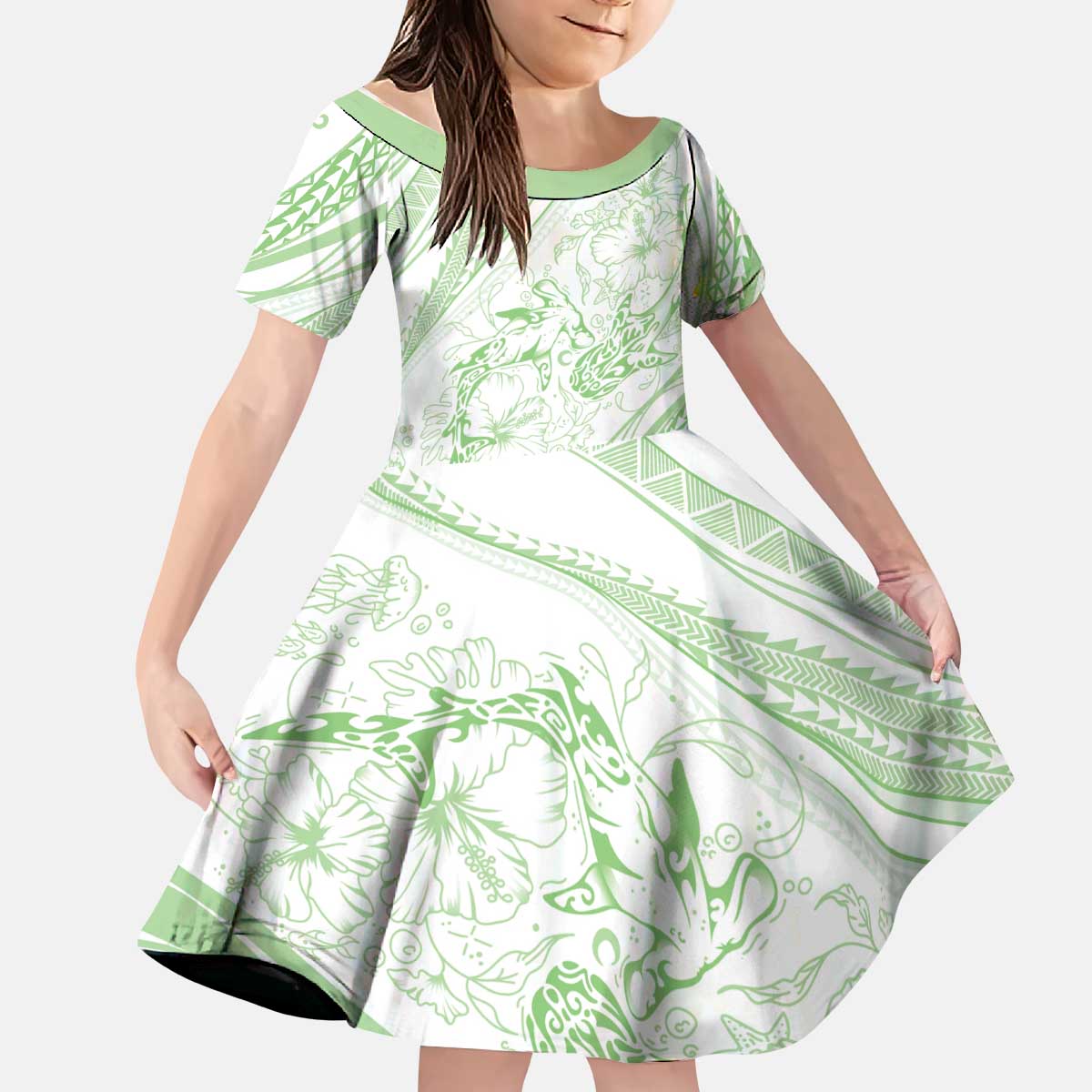 Sharks Couple Dreamy Polynesians Floral Sea Kid Short Sleeve Dress Emerald - Polynesian Pride