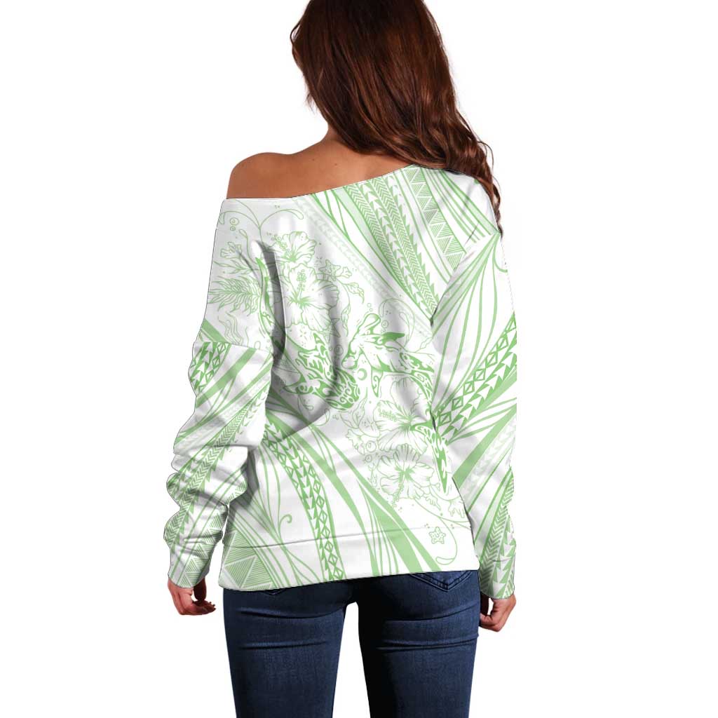 Sharks Couple Dreamy Polynesians Floral Sea Off Shoulder Sweater Emerald - Polynesian Pride