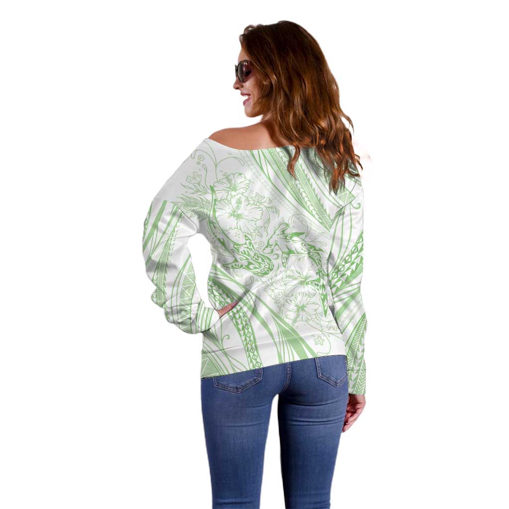 Sharks Couple Dreamy Polynesians Floral Sea Off Shoulder Sweater Emerald - Polynesian Pride