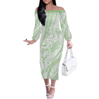 Sharks Couple Dreamy Polynesians Floral Sea Off The Shoulder Long Sleeve Dress Emerald - Polynesian Pride