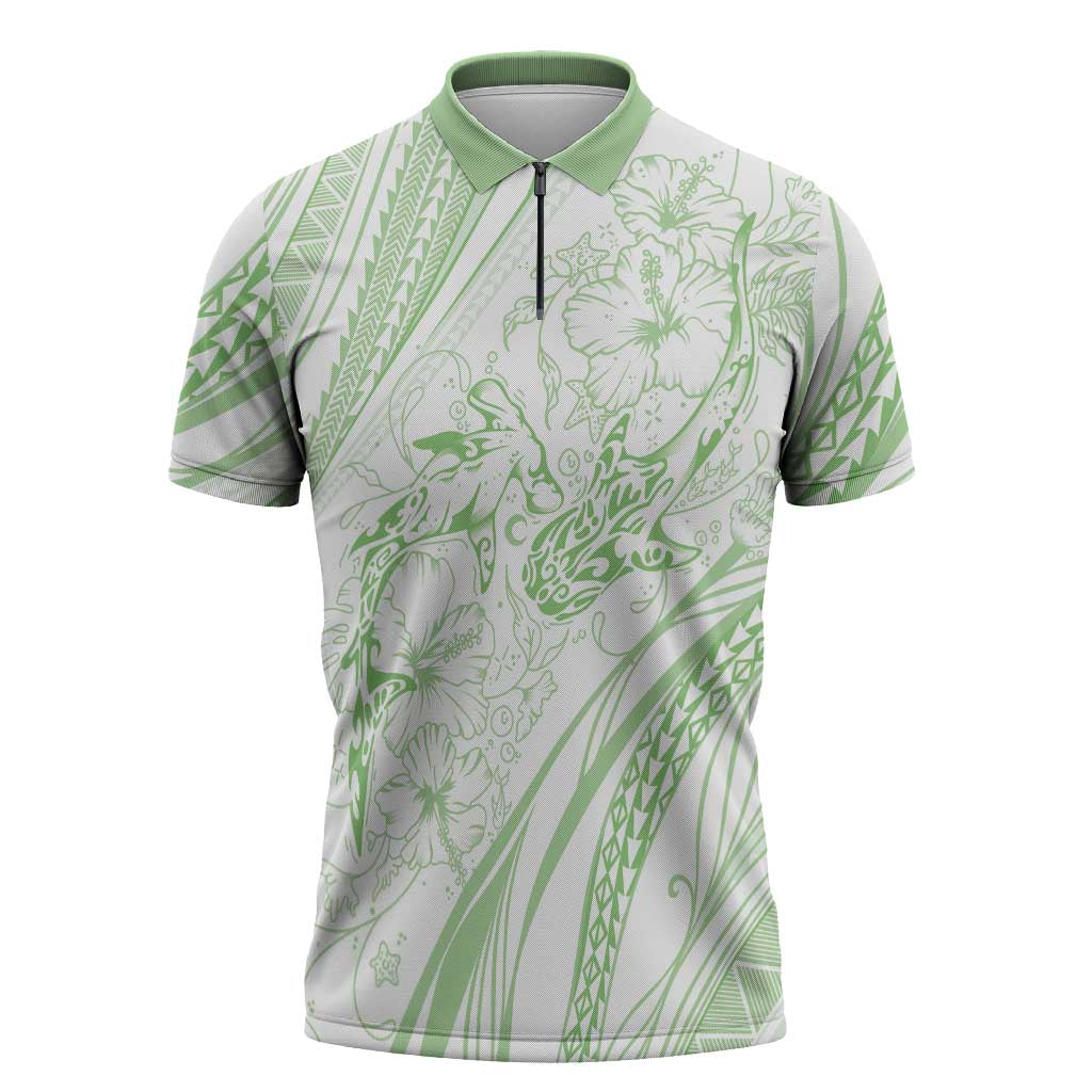 Sharks Couple Dreamy Polynesians Floral Sea Zipper Polo Shirt Emerald - Polynesian Pride