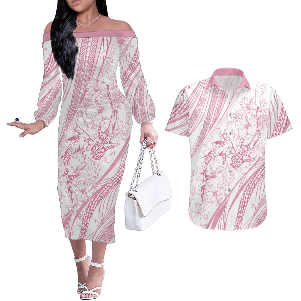 Sharks Couple Dreamy Polynesians Floral Sea Couples Matching Off The Shoulder Long Sleeve Dress and Hawaiian Shirt Pink LT7 Pink - Polynesian Pride