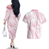 Sharks Couple Dreamy Polynesians Floral Sea Couples Matching Off The Shoulder Long Sleeve Dress and Hawaiian Shirt Pink LT7 - Polynesian Pride