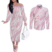 Sharks Couple Dreamy Polynesians Floral Sea Couples Matching Off The Shoulder Long Sleeve Dress and Long Sleeve Button Shirt Pink - Polynesian Pride