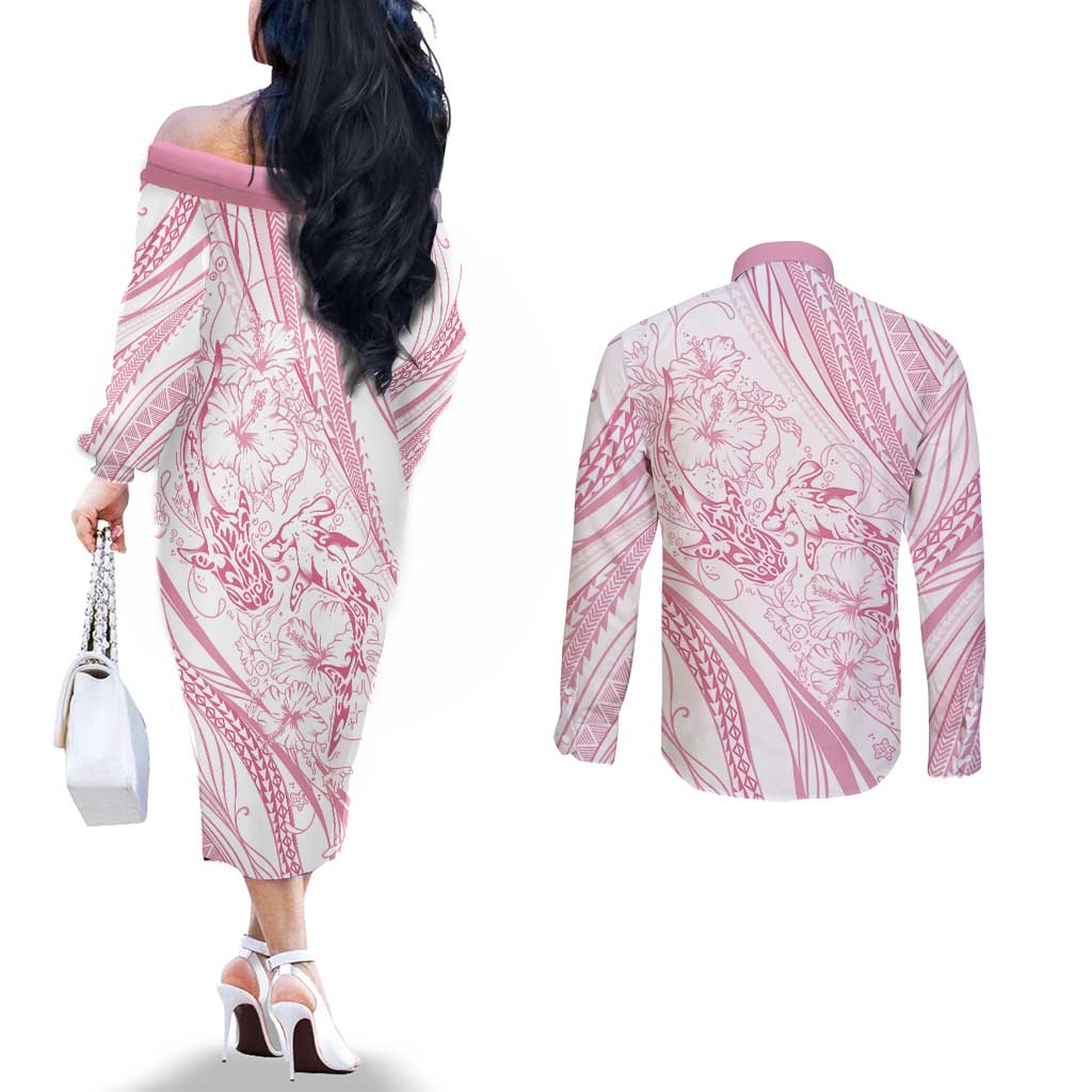 Sharks Couple Dreamy Polynesians Floral Sea Couples Matching Off The Shoulder Long Sleeve Dress and Long Sleeve Button Shirt Pink - Polynesian Pride