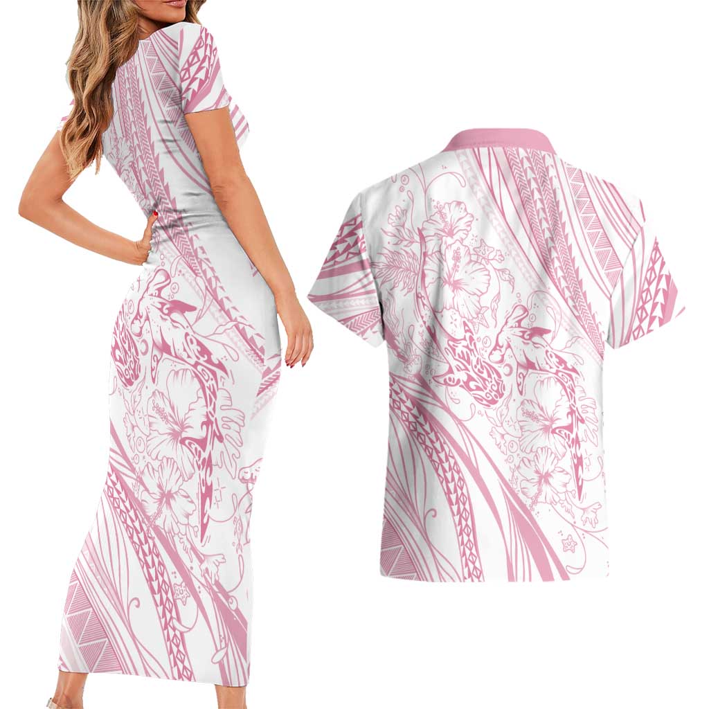 Sharks Couple Dreamy Polynesians Floral Sea Couples Matching Short Sleeve Bodycon Dress and Hawaiian Shirt Pink - Polynesian Pride
