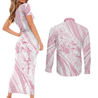 Sharks Couple Dreamy Polynesians Floral Sea Couples Matching Short Sleeve Bodycon Dress and Long Sleeve Button Shirt Pink - Polynesian Pride