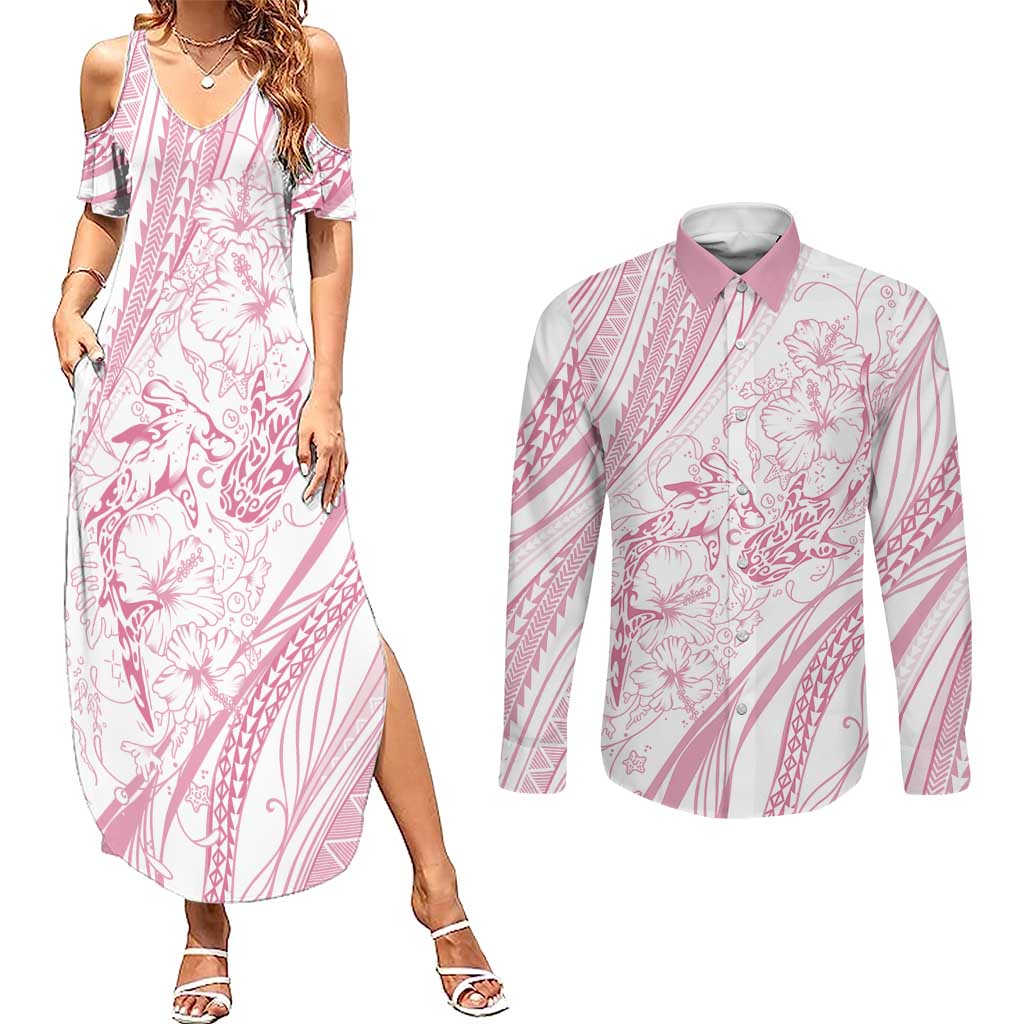 Sharks Couple Dreamy Polynesians Floral Sea Couples Matching Summer Maxi Dress and Long Sleeve Button Shirt Pink LT7 Pink - Polynesian Pride