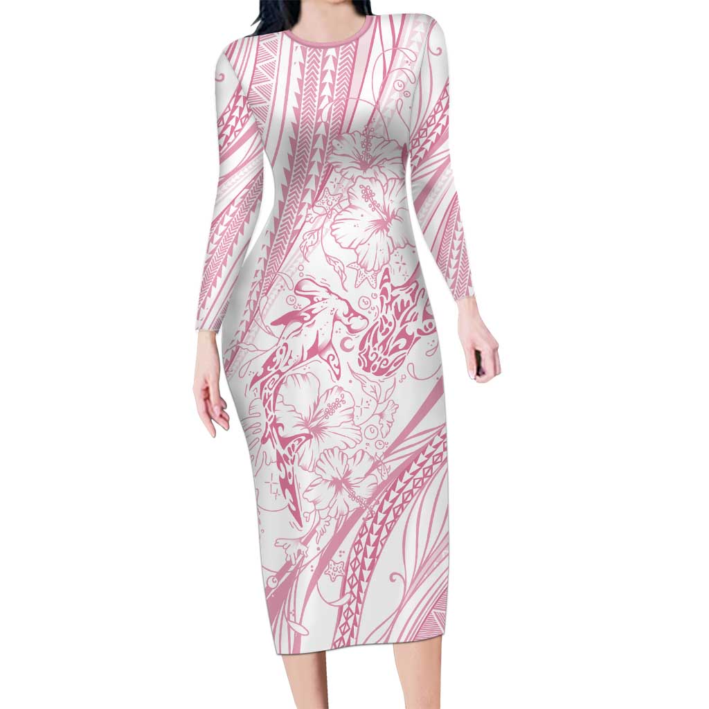 Sharks Couple Dreamy Polynesians Floral Sea Family Matching Long Sleeve Bodycon Dress and Hawaiian Shirt Pink - Polynesian Pride