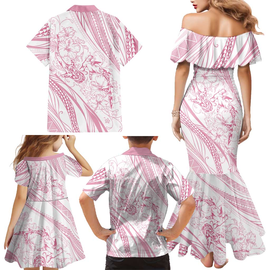 Sharks Couple Dreamy Polynesians Floral Sea Family Matching Mermaid Dress and Hawaiian Shirt Pink - Polynesian Pride