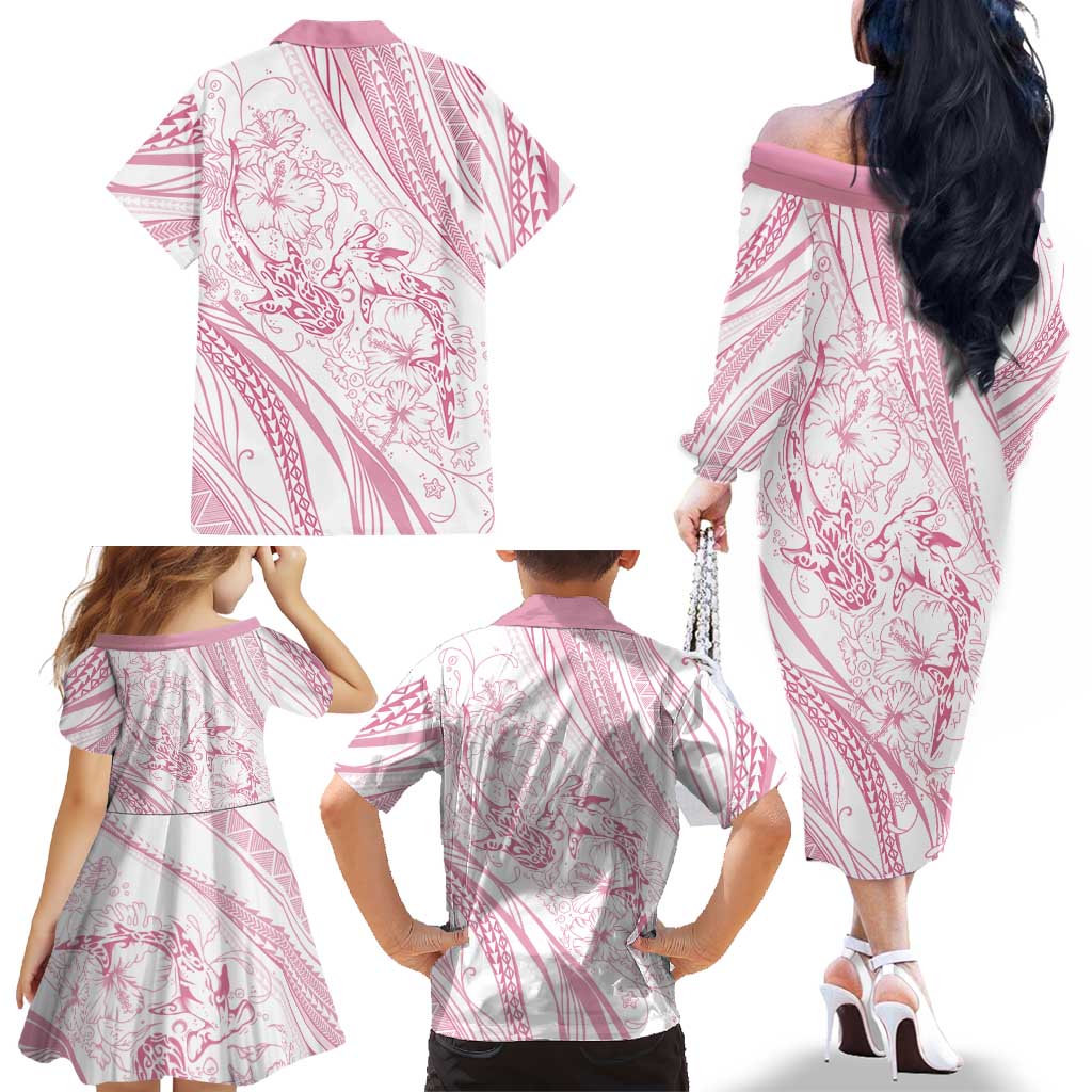Sharks Couple Dreamy Polynesians Floral Sea Family Matching Off The Shoulder Long Sleeve Dress and Hawaiian Shirt Pink - Polynesian Pride
