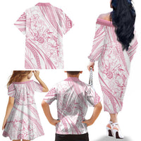 Sharks Couple Dreamy Polynesians Floral Sea Family Matching Off The Shoulder Long Sleeve Dress and Hawaiian Shirt Pink - Polynesian Pride