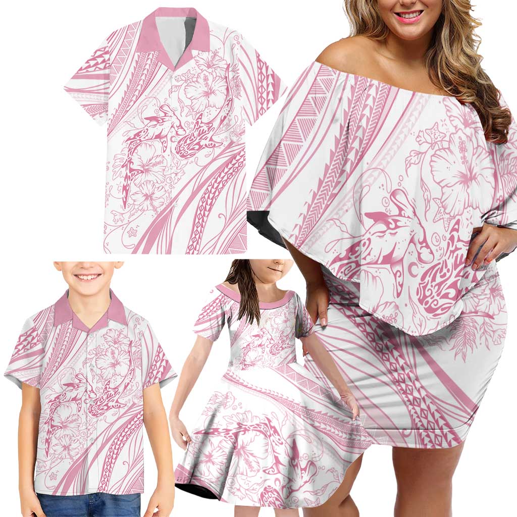 Sharks Couple Dreamy Polynesians Floral Sea Family Matching Off Shoulder Short Dress and Hawaiian Shirt Pink - Polynesian Pride