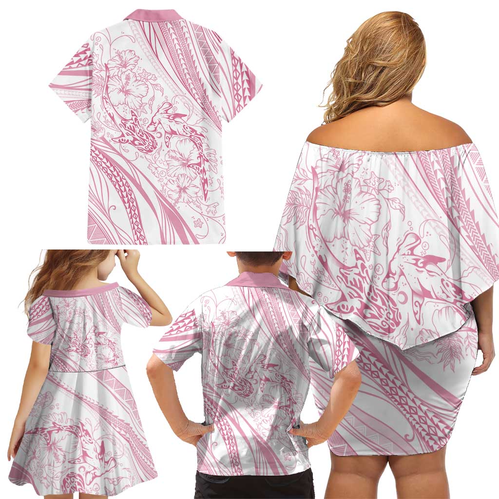 Sharks Couple Dreamy Polynesians Floral Sea Family Matching Off Shoulder Short Dress and Hawaiian Shirt Pink - Polynesian Pride