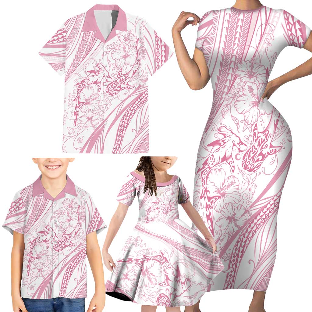Sharks Couple Dreamy Polynesians Floral Sea Family Matching Short Sleeve Bodycon Dress and Hawaiian Shirt Pink - Polynesian Pride