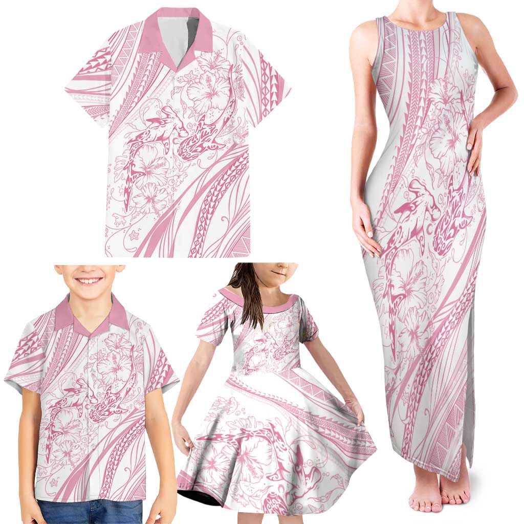 Sharks Couple Dreamy Polynesians Floral Sea Family Matching Tank Maxi Dress and Hawaiian Shirt Pink - Polynesian Pride