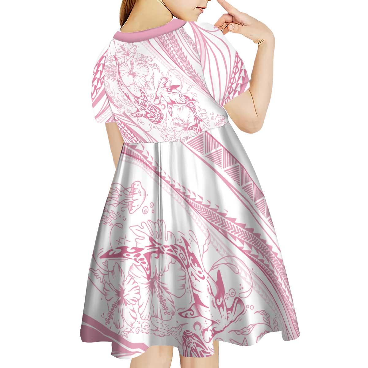 Sharks Couple Dreamy Polynesians Floral Sea Kid Short Sleeve Dress Pink - Polynesian Pride