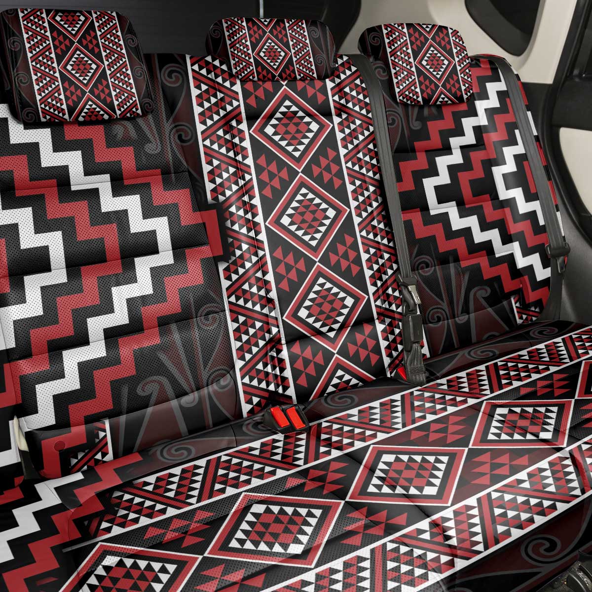 Red Tukutuku Pattern Aotearoa Back Car Seat Cover Niho Taniwha and Puhoro Motifs