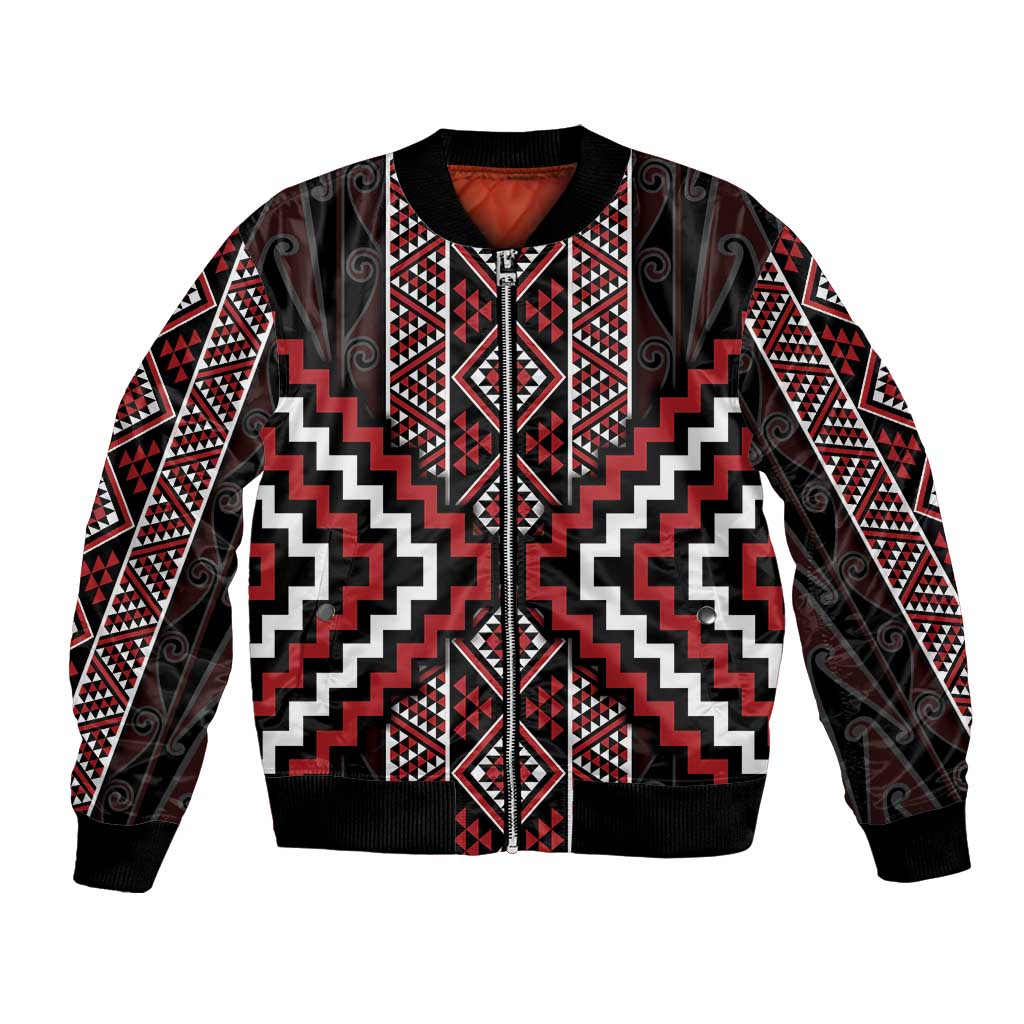 Red Tukutuku Pattern Aotearoa Bomber Jacket Niho Taniwha and Puhoro Motifs
