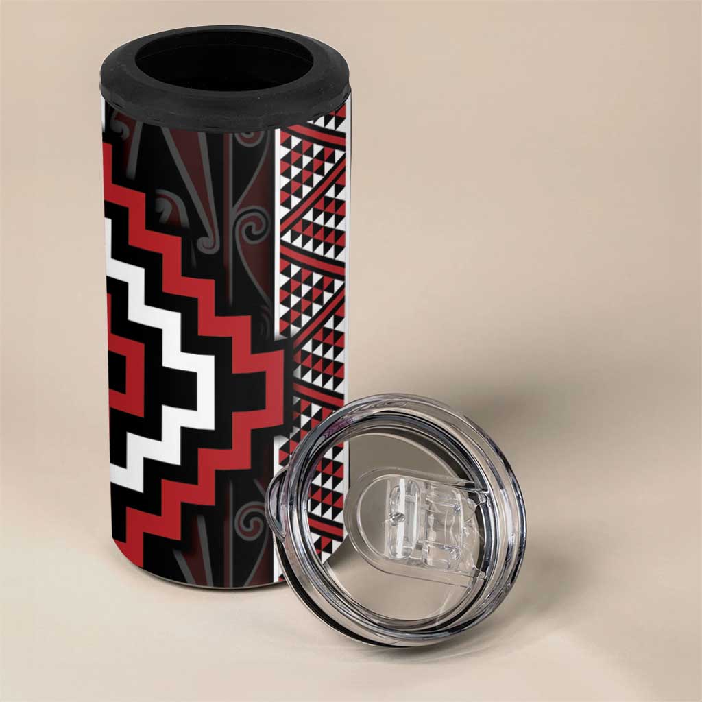 Red Tukutuku Pattern Aotearoa 4 in 1 Can Cooler Tumbler Niho Taniwha and Puhoro Motifs
